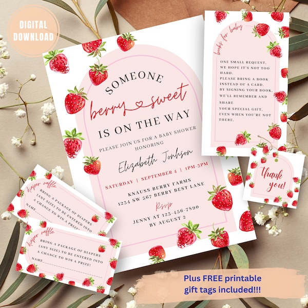 Strawberry Baby Shower Invitation Bundle, Berry Sweet Theme (Digital Download)