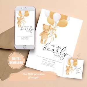 EDITABLE We Can Bearly Wait Baby Shower, Teddy Bear Baby Shower Invitation, Bear Baby Shower Invitation, Hot Air Balloon Baby Shower