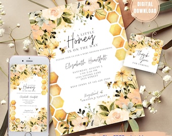 EDITABLE Sunflower Bee A Little Honey Baby Shower Invitation, Gender Neutral Baby Shower Invite, Honey Baby Shower, Printable Template