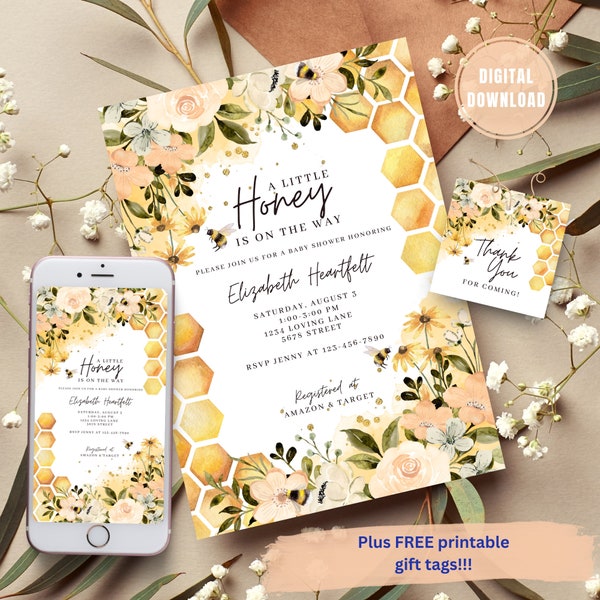 EDITIERBARE Sonnenblume Biene Ein kleiner Honig-Babyparty-Einladung, Geschlechtsneutrale Babyparty-Einladung, Honig-Babyparty, druckbare Vorlage