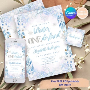 Winter ONEderland-verjaardagsuitnodiging, blauwe sneeuwvlokuitnodiging (digitale download)