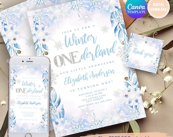 Winter ONEderland Birthday Invitation, Blue Snowflake Invite (Digital Download)