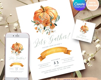 Watercolor Pumpkin Thanksgiving Invitation, Editable Template (Digital Download)