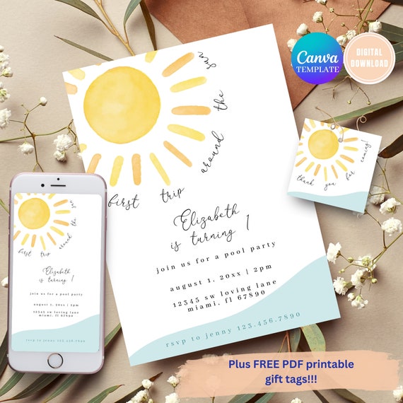 Editable First Trip Around the Sun Birthday Invitation (Digital Download)