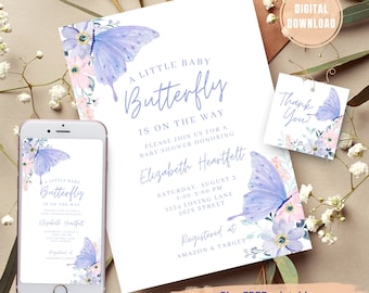 May include: A printable baby shower invitation with a purple butterfly and floral design. The invitation says "A Little Baby Butterfly is on the Way" and includes the name "Elizabeth Heartfelt".