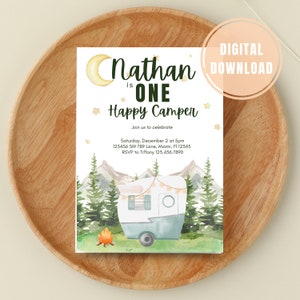 EDITABLE One Happy Camper Birthday Invitation, Retro Camping 1st Birthday, Digital Invitation Birthday Forest Outdoor First Birthday Invite