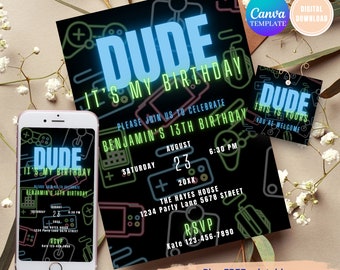 Video Game Birthday Invitation, Neon Gamer Party (Digital Download)