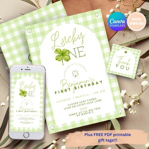 St. Patrick's Day First Birthday Invitation, Green Gingham Shamrock (Digital Download)