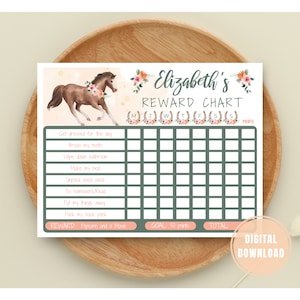 EDITIERBARE Pferd Belohnung Diagramm, Kleinkind Belohnung Diagramm, Verantwortung Diagramm, Cowgirl Pony Pink Floral, Töpfchen Training, Verhalten Diagramm, printable