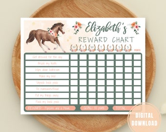 May include: A printable reward chart for children featuring a brown horse with a pink floral design. The chart includes a grid for tracking daily tasks and a space for a reward. The text "Elizabeth's Reward Chart" is at the top of the chart.