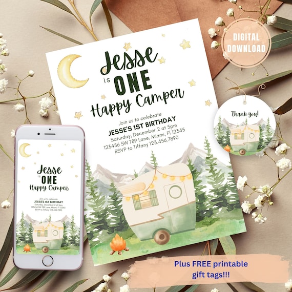 Editable One Happy Camper 1st Birthday Invitation (Digital Download)
