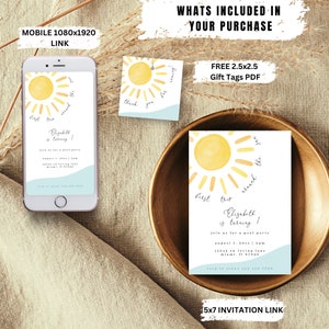 K&ouml;nnte beinhalten: Eine digitale Einladung zu einer ersten Geburtstagsfeier mit einem Sonnen- und Wellen-Design. Die Einladung lautet "Erste Reise um die Sonne, Elizabeth wird 1". Sie enth&auml;lt das Datum, die Uhrzeit und den Ort der Feier. Die Einladung enth&auml;lt auch einen Link zur RSVP.