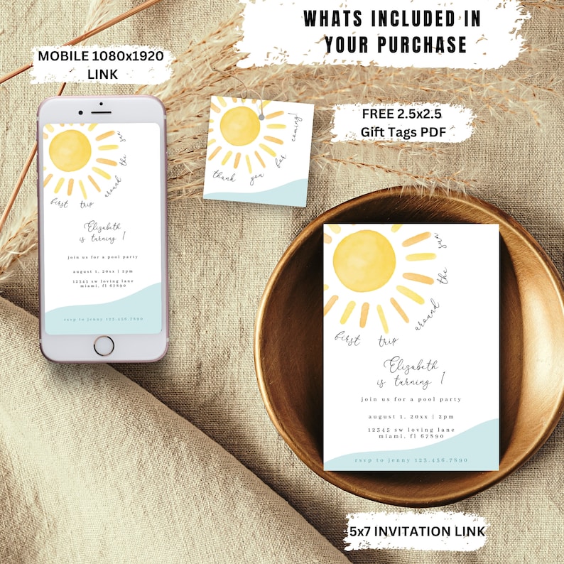 K&ouml;nnte beinhalten: Eine digitale Einladung zu einer ersten Geburtstagsfeier mit einem Sonnen- und Wellen-Design. Die Einladung lautet "Erste Reise um die Sonne, Elizabeth wird 1". Sie enth&auml;lt das Datum, die Uhrzeit und den Ort der Feier. Die Einladung enth&auml;lt auch einen Link zur RSVP.