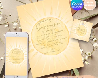 Sunshine First Birthday Invitation, Boho Sun Evite (Digital Download)