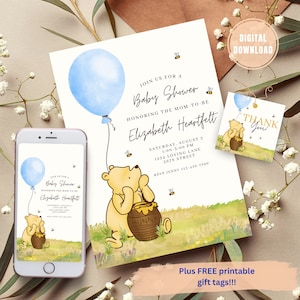 Winnie The Pooh Baby Shower Invitation, Classic Pooh Baby Shower Invitation, Baby Shower Invitation Winnie the Pooh, Blue Balloon Editable