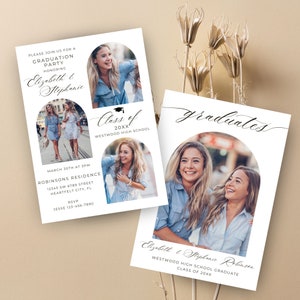 May include: Graduation party invitation with a white background and black text. The invitation features photos of two women in graduation caps and gowns. The text reads "Please join us for a graduation party honoring Elizabeth & Stephanie Class of 20XX Westwood High School March 30th at 3PM Robinsons Residence 12345 SW 6789 Street Heartfelt City, FL RSVP Jesse 123-456-7890".