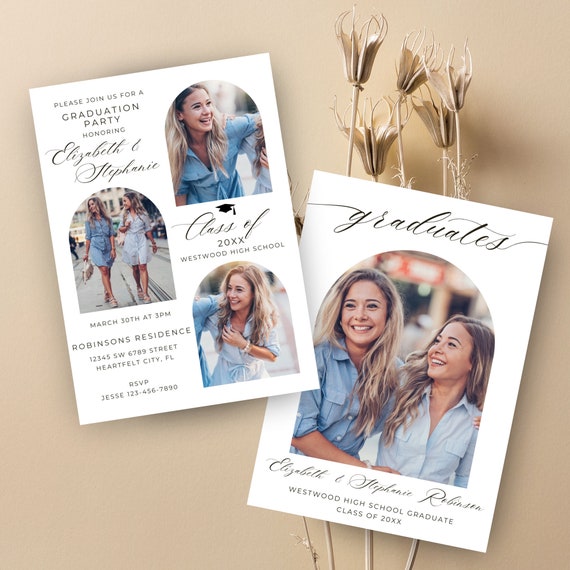 Twins Graduation Invitation Template, Arch Photo, Class of 2024 (Digital)