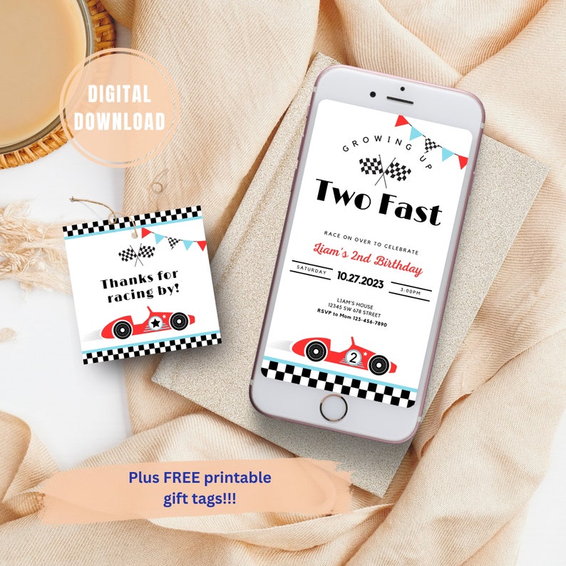 TWO Fast Birthday Invitation Vintage Race Car Birthday Two Fast Birthday Invite Retro Race Car Birthday Editable Digital Download Invitation image 5