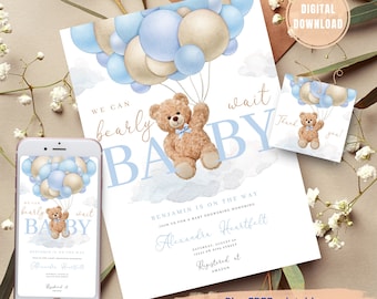 We kunnen Bearly wachten baby shower uitnodiging, we kunnen Bearly wachten baby shower, blauwe teddybeer, teddybeer baby shower uitnodiging sjablonen