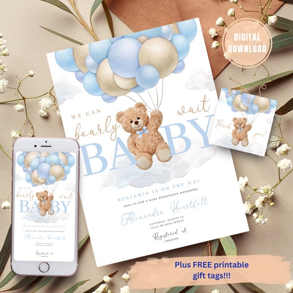 Faire-part pour baby shower Nous pouvons attendre longtemps, Modèles d'invitation pour baby shower Nous pouvons attendre longtemps, Ours en peluche bleu, Modèles d'invitation pour baby shower