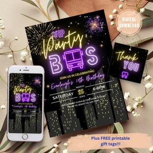 EDITABLE Party Bus Invitation, Glow Party Invitation,  21st Birthday Decorations For Her, 21st Birthday Decorations, 21 birthday invitation