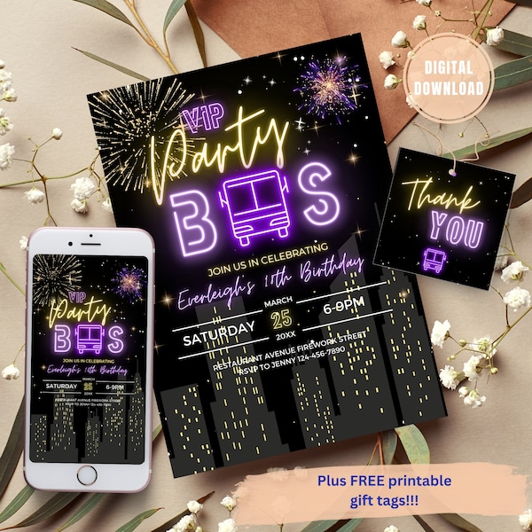 EDITABLE Party Bus Invitation, Glow Party Invitation,  21st Birthday Decorations For Her, 21st Birthday Decorations, 21 birthday invitation