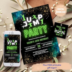 BEWERKBARE uitnodiging trampolinepark, trampolineverjaardag, trampoline-uitnodiging, uitnodiging voor feest springen, uitnodiging voor verjaardagsfeestje springen, gloed