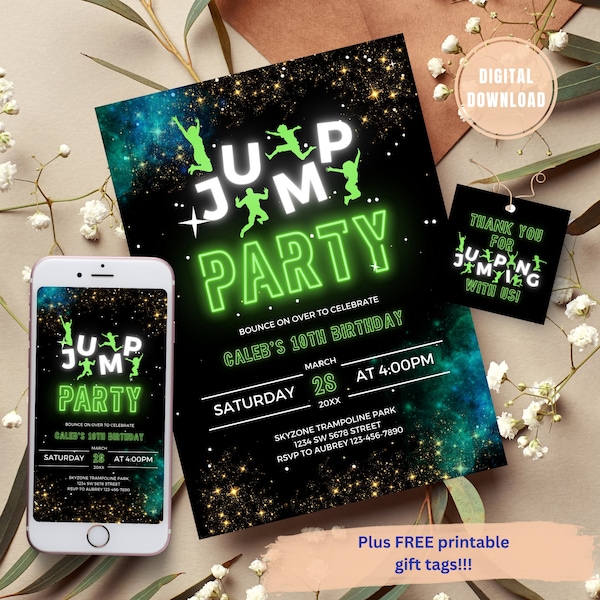 EDITABLE Trampoline Park Invitation, Trampoline Birthday, Trampoline Invitation, Jump Party Invitation, Jump Birthday Party Invitation, Glow