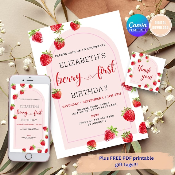 Berry First Birthday Invitation, Strawberry Theme (Digital Download)
