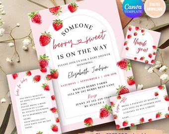 May include: A pink and white baby shower invitation with a strawberry theme. The invitation says "Someone berry sweet is on the way" and includes the name Elizabeth Johnson. The invitation also includes the date, time, and location of the shower. There is a separate card that says "Books for baby" and has a small request to bring a book instead of a card. There is also a separate card that says "Diaper Raffle" and asks guests to bring a package of diapers for a chance to win a prize.