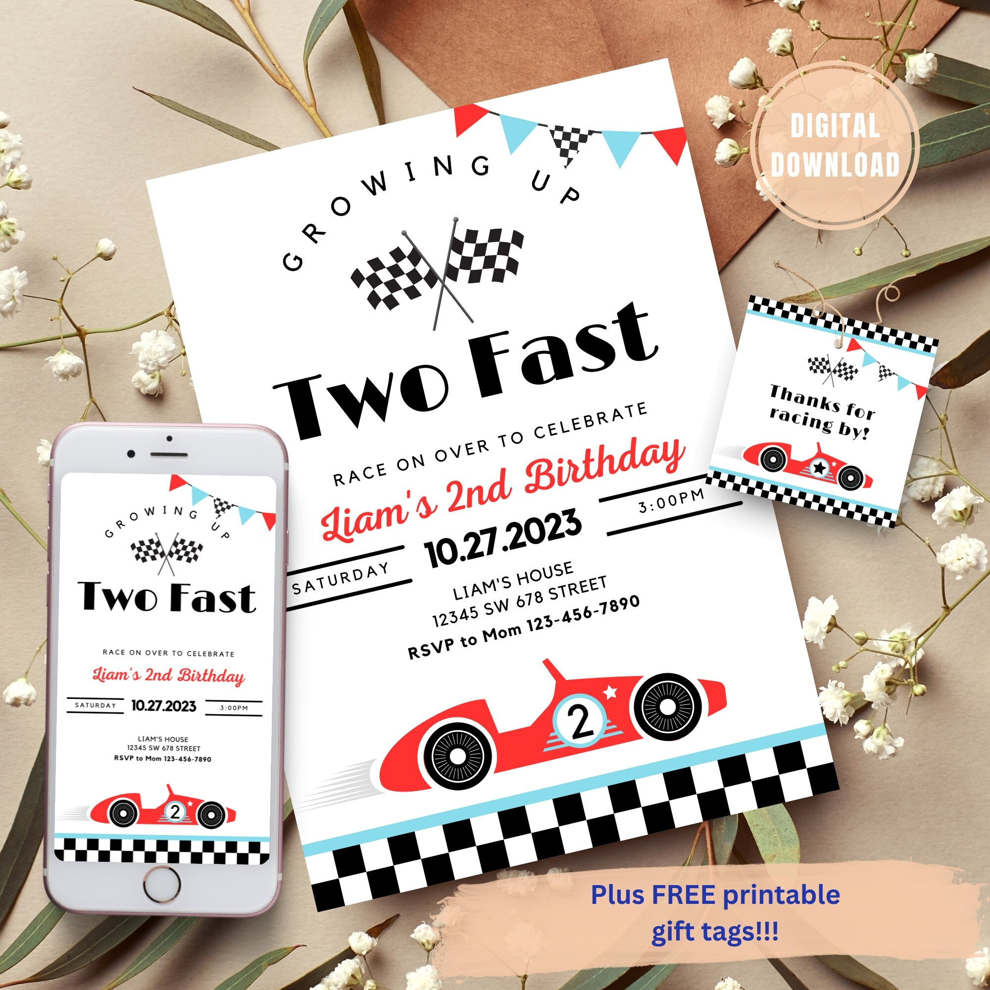 DOIS convites rápidos de aniversário, aniversário de carro de corrida vintage, dois convites rápidos de aniversário, aniversário de carro de corrida retrô, convite digital editável para download