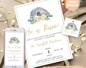 May include: A digital download invitation for a Easter celebration. The invitation features a watercolor illustration of a stone tomb with flowers and the text "He is Risen!" The invitation is for a gathering at The Heartfelt Residence on Saturday, April 3rd at 10:30 AM. The address is 1234 Loving Lane 5678 Street. RSVP to Elizabeth at 123-456-7890. The invitation also includes a free printable gift tag with the same design and text.
