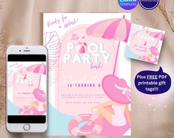 May include: Pink and blue pool party invitation with a cartoon illustration of a person in a swimsuit and a sun hat floating in a pool with a life preserver. The text reads "It's a Pool Party Bash! Elizabeth is turning 6. Skylar's Beach House Street, Saturday August 5, 2-4PM, RSVP Jenny 123-456-7590".