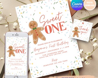 May include: A printable invitation for a first birthday party with a gingerbread man theme. The invitation features a gingerbread man illustration, the words "Sweet One", and details about the party, including the date, time, and location. The invitation also includes a free printable gift tag with a gingerbread man illustration and the words "Thank you!"