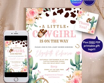 May include: A pink and white baby shower invitation with a cowgirl theme. The invitation features a watercolour illustration of a cactus, flowers, and a cowboy hat. The text on the invitation reads "A Little Cowgirl is on the Way".