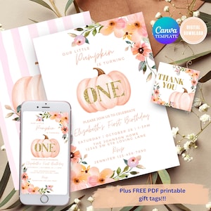 EDITABLE Pumpkin 1st Birthday Invitation Floral Pink & Gold Girl Pumpkin First Birthday Invite Fall Autumn Canva Digital Invitation Birthday