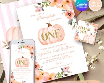 May include: A printable invitation for a first birthday party with a pumpkin theme. The invitation features a watercolor illustration of a pumpkin with the word "ONE" in gold glitter. The invitation also includes a floral wreath with pink and orange flowers. The text on the invitation reads "Our Little Pumpkin is Turning One. Please Join Us to Celebrate Elizabeth's First Birthday. Saturday | October 28 | 1-3PM. The Johnson Home. 12345 SW 678 Loving Lane. RSVP. Jennifer 123-456-7890."