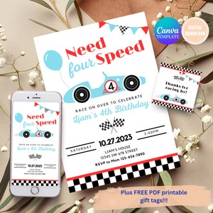 SELF EDITABLE Hai bisogno di FOUR Speed Invitation Race Car 4th Birthday Invitation Boy Vintage Blue Race Car 4th Birthday Party Download digitale