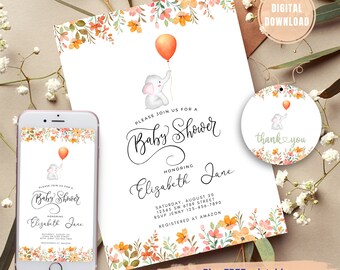 Inbjudan till babyshower i akvarellstil med elefant, röd ballong (redigerbar digital nedladdning)