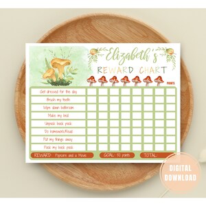 May include: A green and white printable reward chart with a mushroom theme. The chart has a space for each day of the week and a section for points. The reward is popcorn and a movie. The chart says "Elizabeth's Reward Chart" at the top.