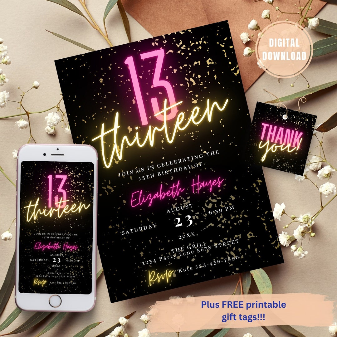 EDITABLE Neon Birthday Invitation, Pink Birthday Invitation, 13th ...