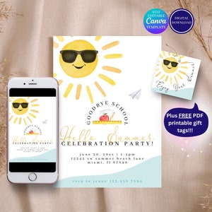 May include: A printable invitation for a "Goodbye School, Hello Summer" celebration party. The invitation features a cartoon sun wearing sunglasses and a blue and white wave design. The text includes the date, time, and location of the party. The invitation also includes a free printable gift tag with a cartoon sun wearing sunglasses.