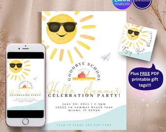 Pode incluir: Um convite imprimível para uma festa de celebração de "Adeus à escola, olá verão". O convite apresenta um sol de desenho animado usando óculos de sol e um design de ondas azul e branco. O texto inclui a data, a hora e o local da festa. O convite também inclui uma etiqueta de presente imprimível gratuita com um sol de desenho animado usando óculos de sol.