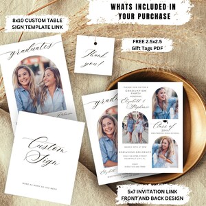 May include: A printable graduation party invitation template with a white background and black text. The invitation features three photos of graduates in arched frames. The text reads "Please join us for a graduation party honoring Elizabeth & Stephanie. Class of 20XX. Westwood High School. March 30th at 3PM. Robinsons Residence. 12345 SW 6789 Street. Heartfelt City, FL. RSVP 36556 123-456-7890. Westwood High School. Class of 20XX."