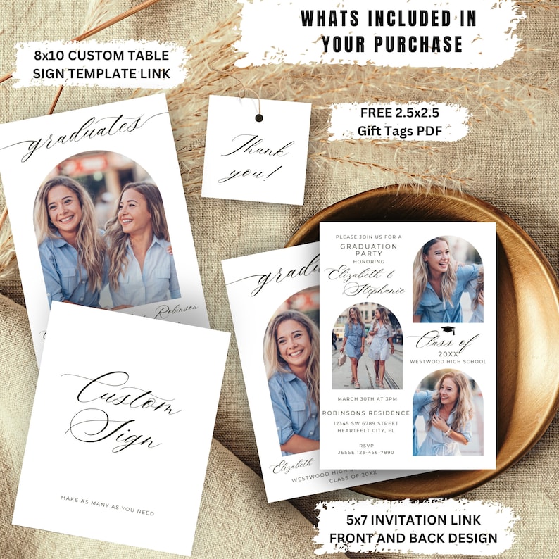 May include: A printable graduation party invitation template with a white background and black text. The invitation features three photos of graduates in arched frames. The text reads "Please join us for a graduation party honoring Elizabeth & Stephanie. Class of 20XX. Westwood High School. March 30th at 3PM. Robinsons Residence. 12345 SW 6789 Street. Heartfelt City, FL. RSVP 36556 123-456-7890. Westwood High School. Class of 20XX."