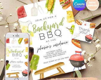 May include: A digital printable invitation for a backyard BBQ party. The invitation features a watercolor illustration of a picnic table, grill, hot dogs, hamburgers, watermelon, corn on the cob, and lemonade. The text on the invitation reads "Join us for a Backyard BBQ at the Johnson's residence, Saturday June 1, 11:30 PM - 5:00 PM, Tropical Park Pavilion, 1234 SW 5678 Terrace, RSVP Jenny at 123-456-7890". The invitation also includes a free printable gift tag that says "Thank you!"