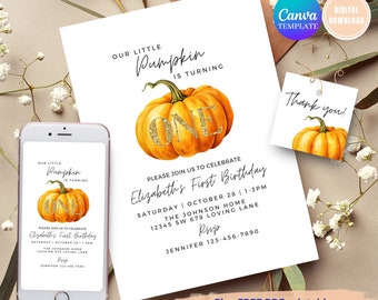 EDITABLE Pumpkin 1st Birthday Invitation Simple Minimal Boy Girl Pumpkin First Birthday Invite Fall Autumn Canva Digital Invitation Birthday