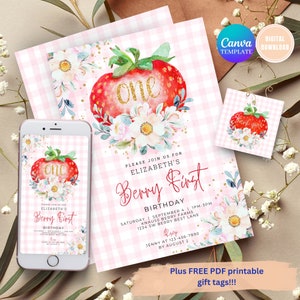 UNIQUE Pink Gingham Berry First Birthday Invitation, Berry First Birthday Digital Invitation Birthday, Strawberry First Birthday Invite