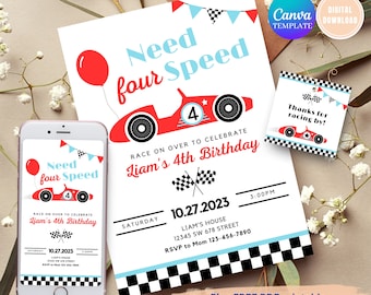Race Car 4th Birthday Invitation, Red Vintage Design (Digital Download)