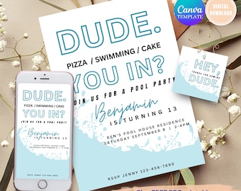 Dude Pool Birthday Invitation, Teen Boy (Digital Invite)